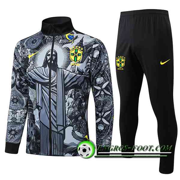 Ensemble Survetement de Foot Veste Foot Brésil Gris/Noir 2024/2025