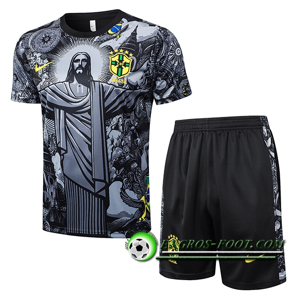 Ensemble Training T-Shirts Brésil Gris/Noir 2024/2025