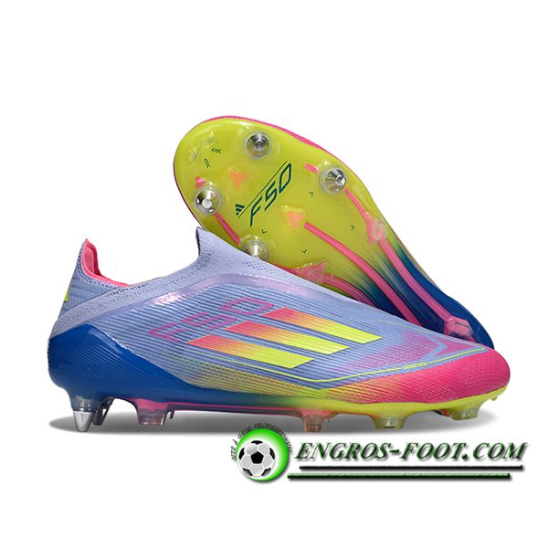 Adidas Chaussures de Foot F50 Elite Laceless SG Bleu/Vert/Rose