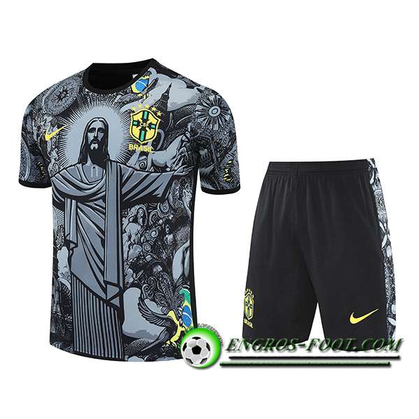 Ensemble Training T-Shirts Brésil Enfant Gris/Noir 2025/2026