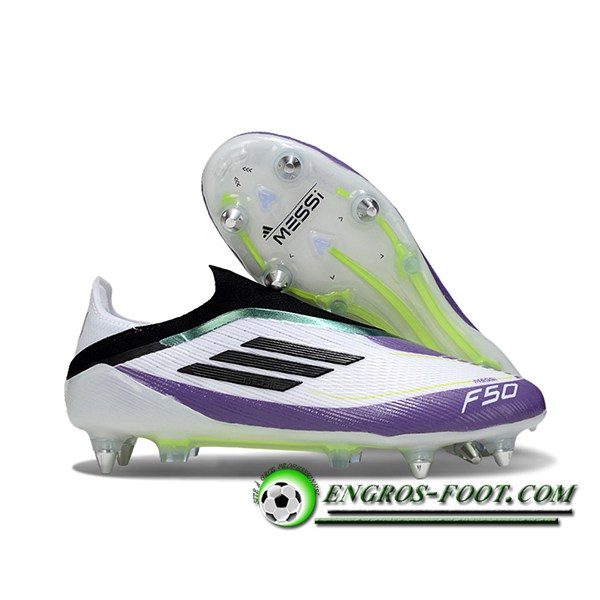 Adidas Chaussures de Foot F50 Elite Laceless SG Blanc/Noir/Pourpre/Vert