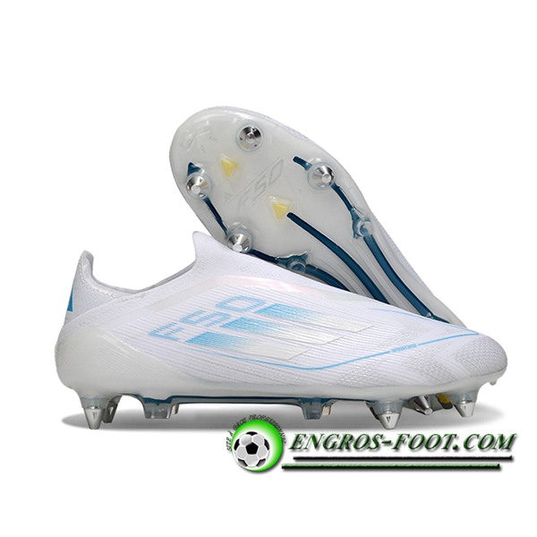 Adidas Chaussures de Foot F50 Elite Laceless SG Blanc/Bleu