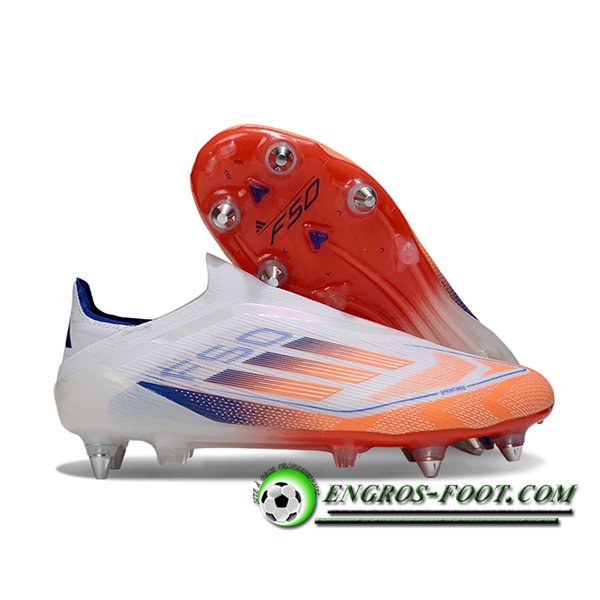 Adidas Chaussures de Foot F50 Elite Laceless SG Blanc/Bleu/Orange