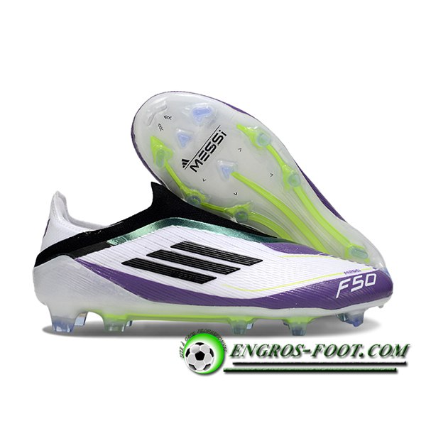 Adidas Chaussures de Foot F50 Elite Laceless FG Blanc/Noir/Pourpre/Vert