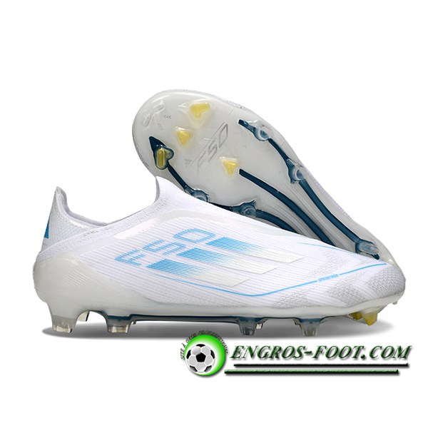 Adidas Chaussures de Foot F50 Elite Laceless FG Blanc/Bleu