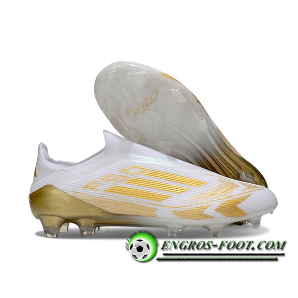 Adidas Chaussures de Foot F50 Elite Laceless FG Blanc/Jaune -02