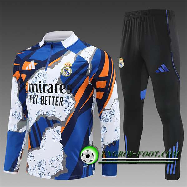 Ensemble Survetement de Foot Foot Real Madrid Enfant Blanc/Bleu/Orange 2025/2026