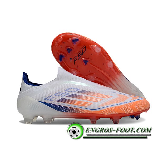 Adidas Chaussures de Foot F50 Elite Laceless FG Blanc/Orange/Bleu