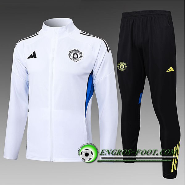Ensemble Survetement de Foot Veste Foot Manchester United Enfant Blanc/Bleu 2025/2026