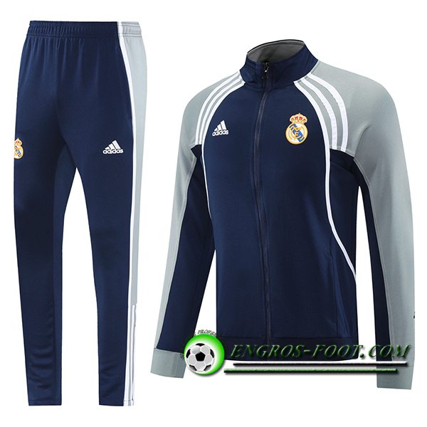 Ensemble Survetement de Foot Veste Real Madrid Bleu/Gris/Blanc 2025/2026