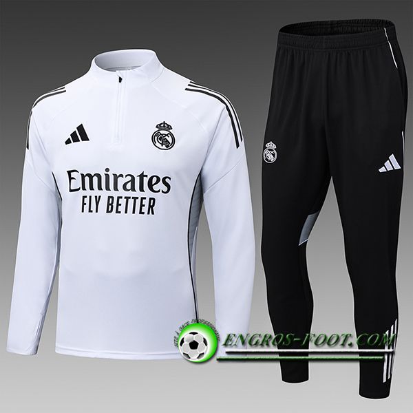 Ensemble Survetement de Foot Real Madrid Enfant Blanc/Noir 2025/2026