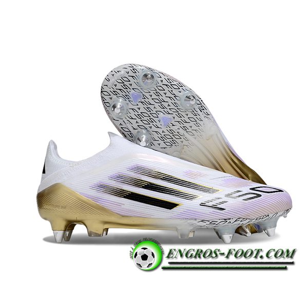 Adidas Chaussures de Foot F50 Elite Laceless SG Blanc/Noir/Pourpre/Jaune