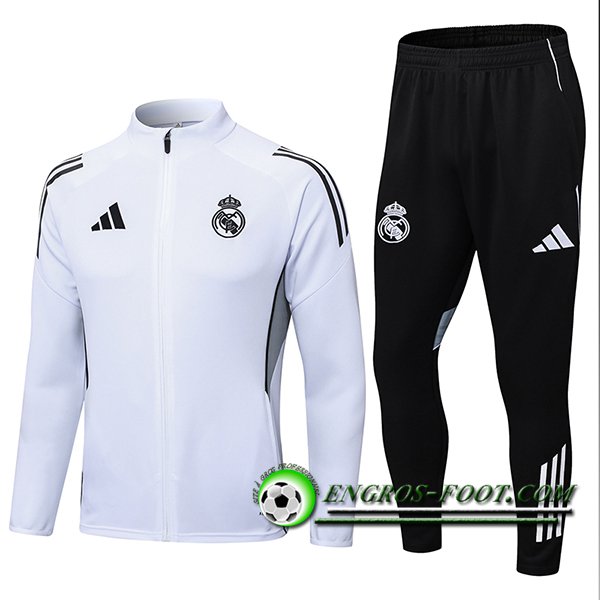 Ensemble Survetement de Foot Veste Real Madrid Blanc/Noir/Gris 2025/2026