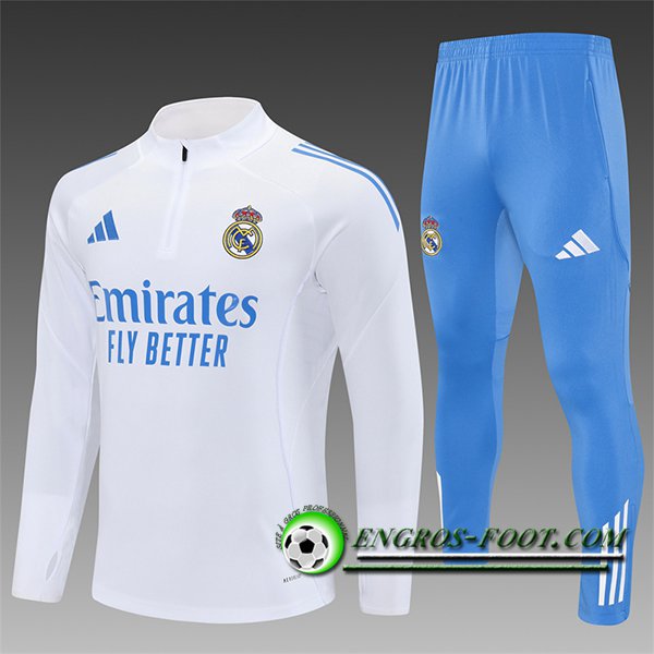 Ensemble Survetement de Foot Real Madrid Enfant Blanc/Bleu 2025/2026