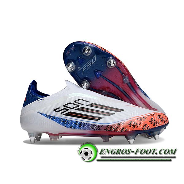 Adidas Chaussures de Foot F50 Elite Laceless SG Blanc/Bleu/Orange/Noir