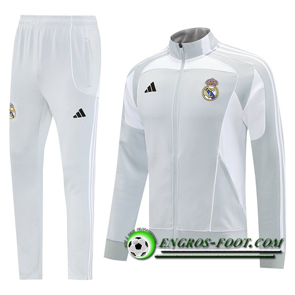 Ensemble Survetement de Foot Veste Real Madrid Gris/Blanc 2025/2026
