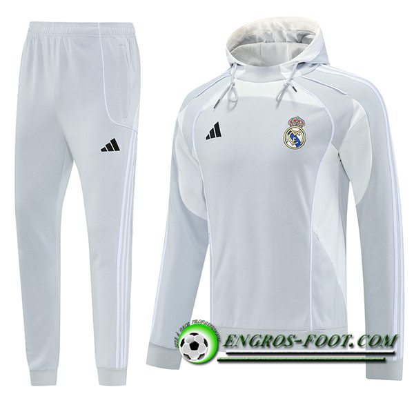 Ensemble Survetement Veste A Capuche Coupe-Vent Real Madrid Gris/Blanc 2025/2026